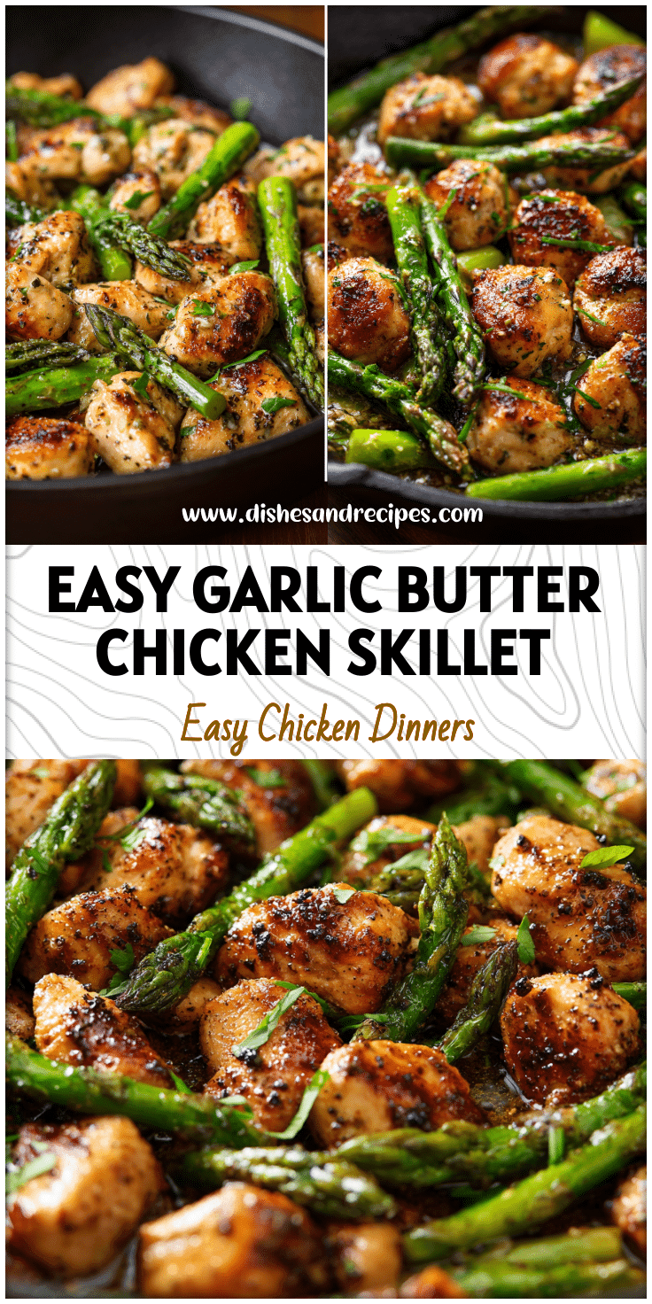 Skillet of Garlic Butter Chicken Bites with asparagus, a colorful Keto Recipes Easy Health Dinner dish.